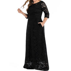 Black 3/4 Sleeve High Waist Lace Plus Size Dress TQK310976-2