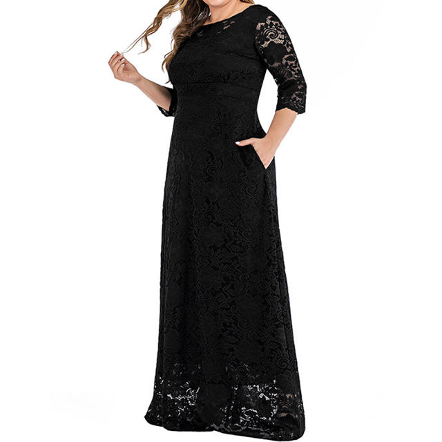 Black 3/4 Sleeve High Waist Lace Plus Size Dress TQK310976-2