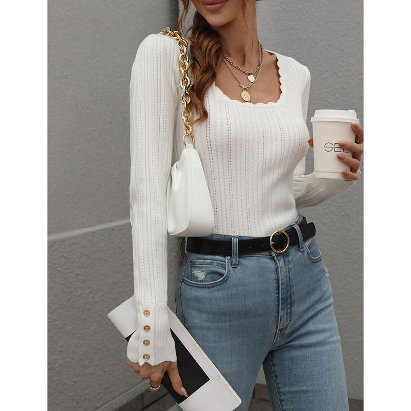 White Knit Button Long Sleeve Pullover Top TQV270003-1
