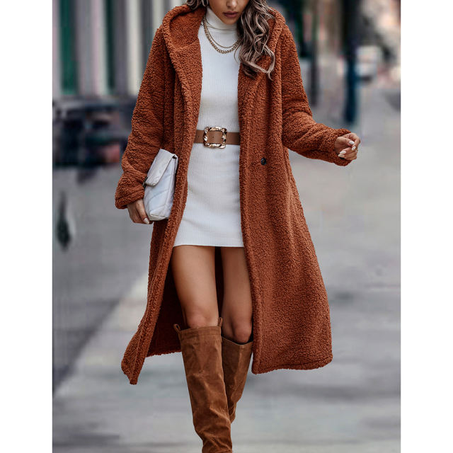Caramel Open Front Long Sleeve Hooded Fleece Coat TQK280217-56