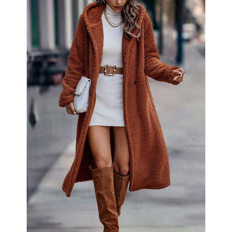 Caramel Open Front Long Sleeve Hooded Fleece Coat TQK280217-56
