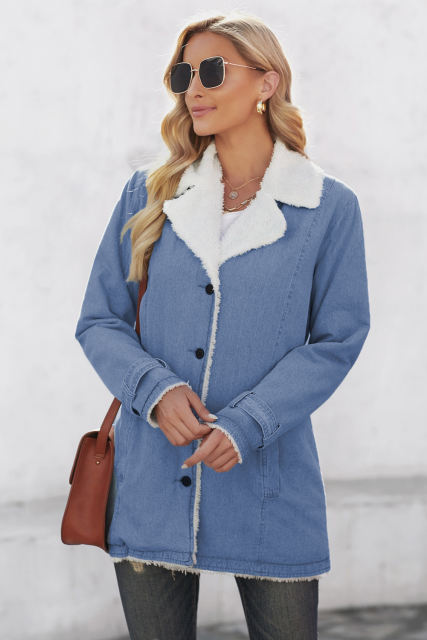 Sky Blue Lapel Collar Button Fleece Jacket LC8511336-4