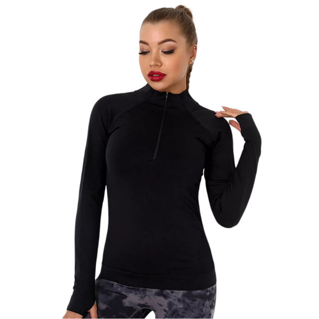 Black Quick Dry Zipper Knit Tight Yoga Tops TQE91363-2