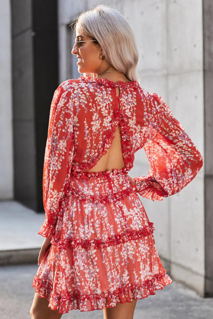Red Ruffle Detailing Open Back Floral Dress LC220829-103