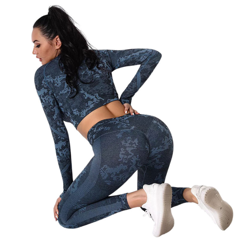 Blue Camo Knit Seamless Long Sleeve Pant Yoga Set TQE91362-5