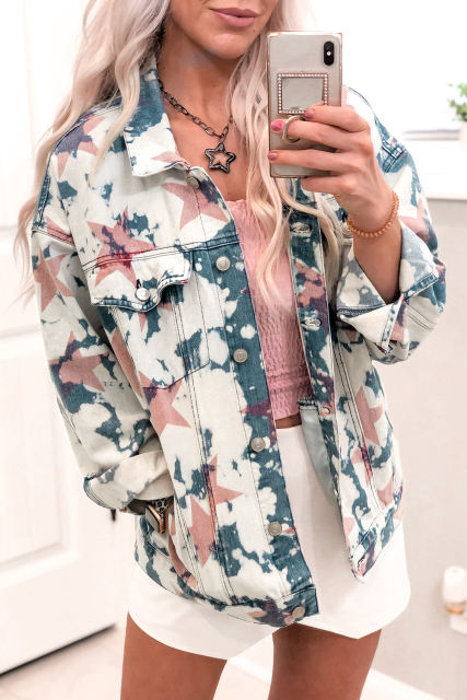 White Stars Tie Dye Print Buttoned Denim Jacket LC788208-1