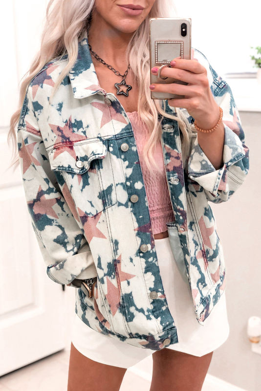 White Stars Tie Dye Print Buttoned Denim Jacket LC788208-1
