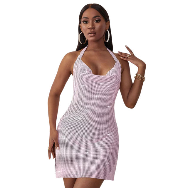 Pink Sequin Split Open Back Metal Halter Dress TQK310849-10