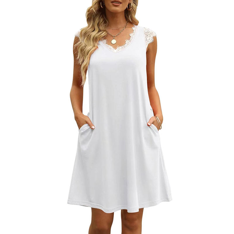 White Splicing Lace V Neck Knit T-shirt Dress TQF311055-1
