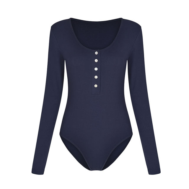 Navy Blue Zip Up Long Sleeve Bodysuit TQK550148-34