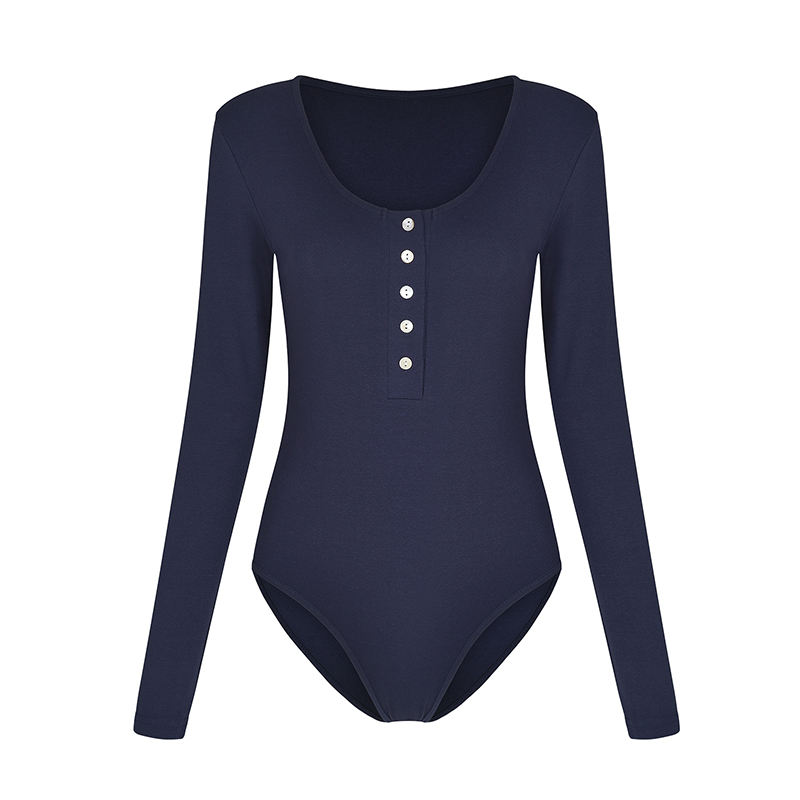 Navy Blue Zip Up Long Sleeve Bodysuit TQK550148-34