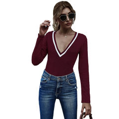 Wine Red Cotton Blend V Neck Bodysuit TQK550198-103