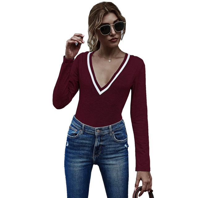 Wine Red Cotton Blend V Neck Bodysuit TQK550198-103