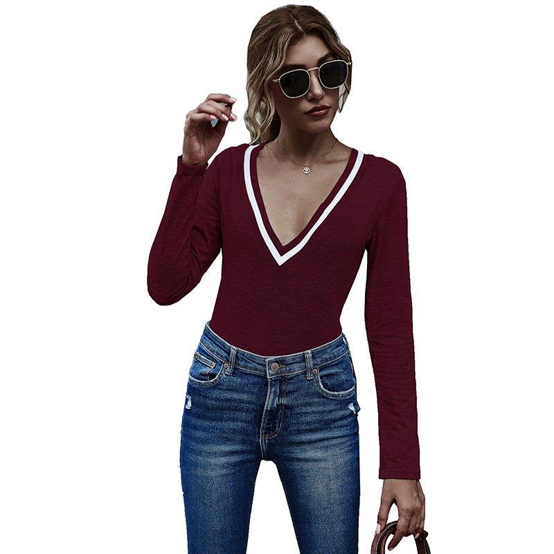 Wine Red Cotton Blend V Neck Bodysuit TQK550198-103