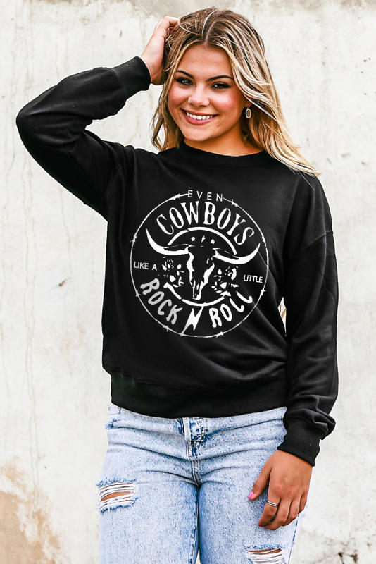 Black COWBOYS Steer Head Graphic Print Pullover Sweatshirt LC25313714-2