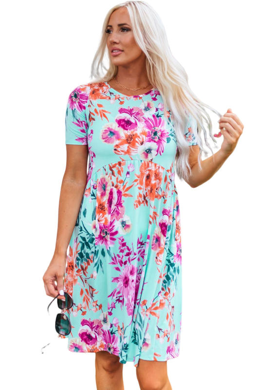 Sky Blue Short Sleeve High Waist Floral T-shirt Dress LC6113816-4