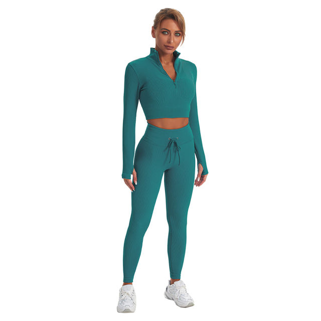 Aquamarine Seamless Stand Collar Jacket with Pant Yoga Set TQK710415-45