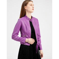 Purple PU Stand Collar Short Leather Jacket TQK280124-8