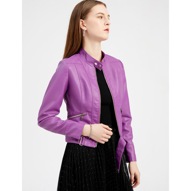 Purple PU Stand Collar Short Leather Jacket TQK280124-8