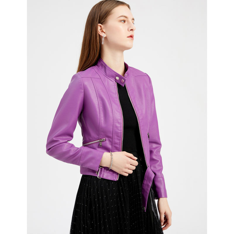 Purple PU Stand Collar Short Leather Jacket TQK280124-8