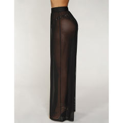 Black Sheer Mesh Wide Leg Pants TQV510057-2