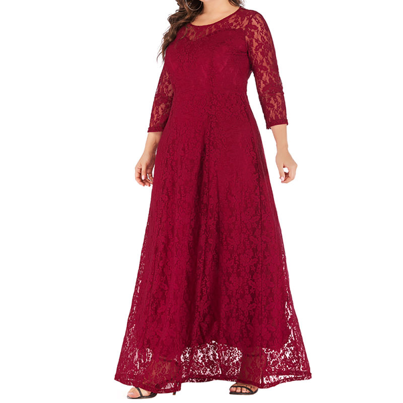 Wine Red 3/4 Sleeve Crew Neck Lace Plus Size Dress TQK310977-23