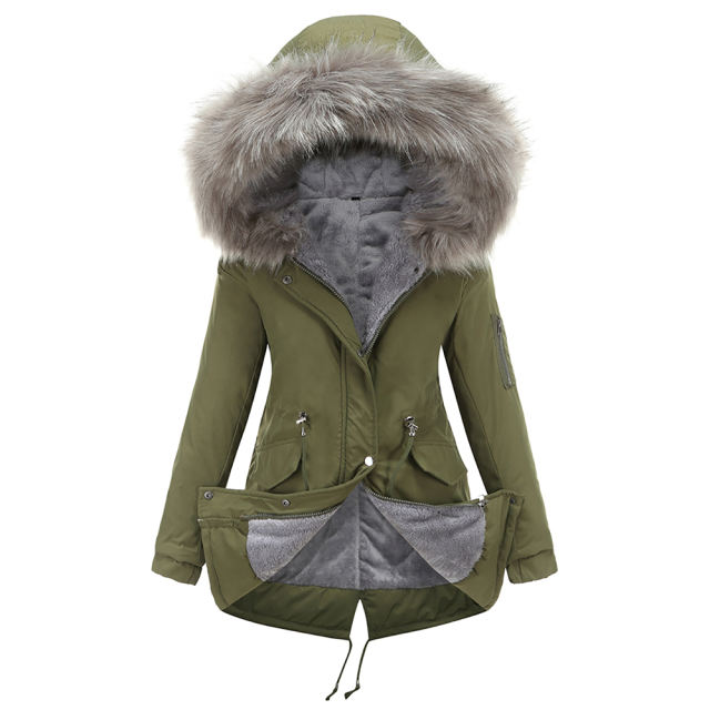 Army Green Fur Collar Drawstring Waist Warm Hooded Parka Coat TQK280130-27