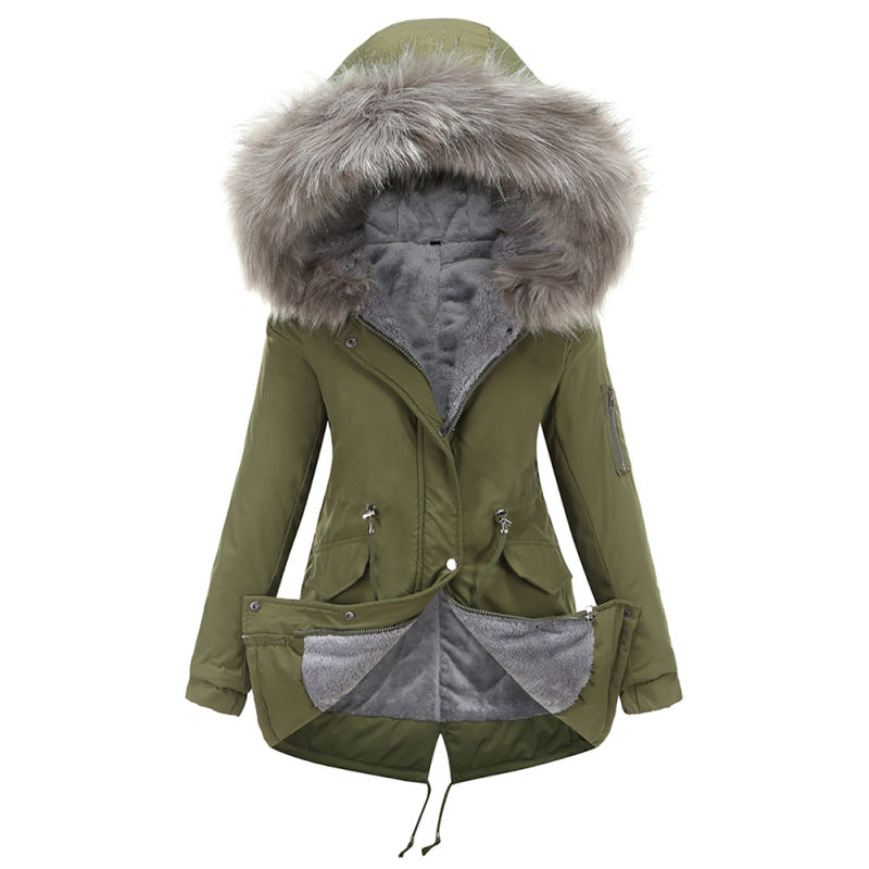 Army Green Fur Collar Drawstring Waist Warm Hooded Parka Coat TQK280130-27