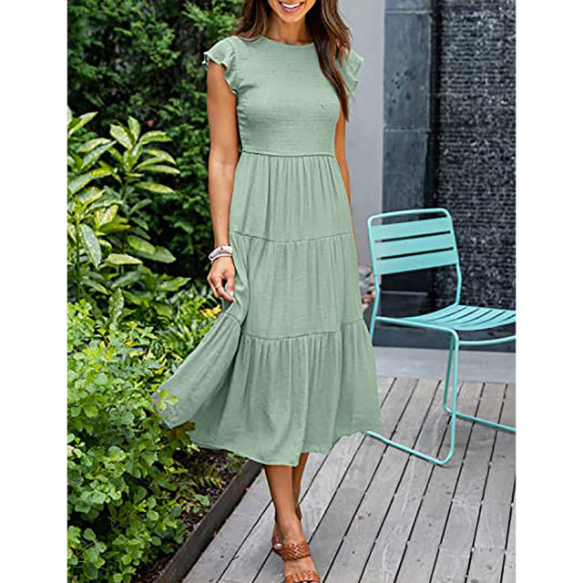 Light Green Ruffled Sleeve Pleated Layered Casual Dress TQV310008-28