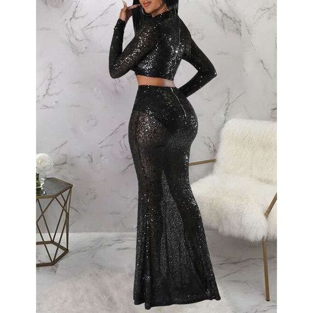 Black Sequined Crop Top with Fishtail Skirt Set TQV810034-2