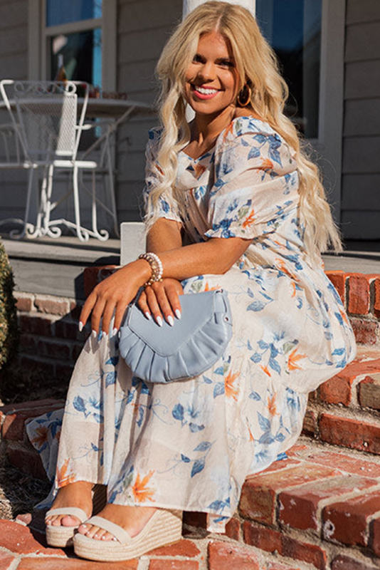 White Floral Print Puff Sleeve Square Neck Plus Size Dress PL61084-1