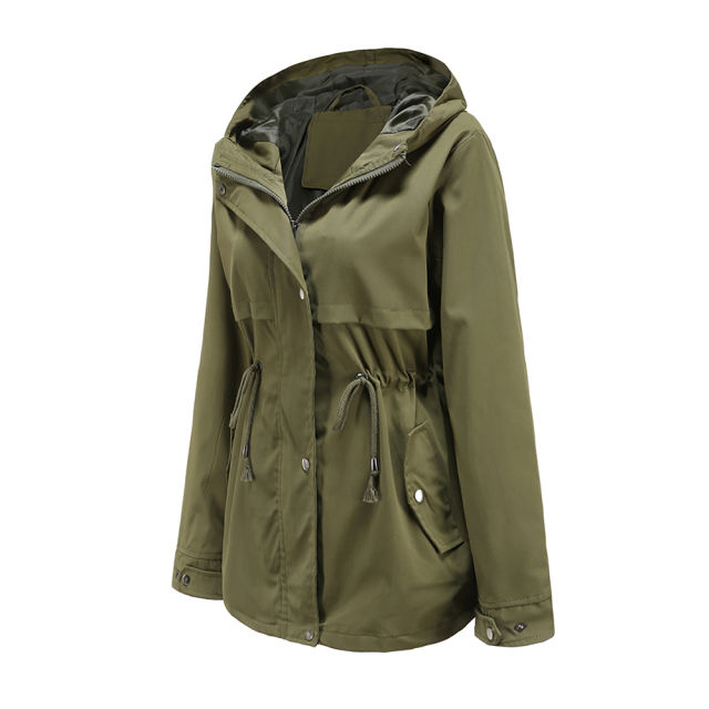 Army Green Waist Drawstring Hooded Outdoor Rainproof Coat TQK280126-27