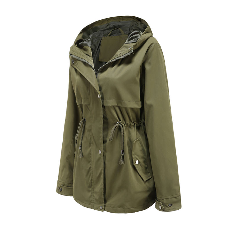 Army Green Waist Drawstring Hooded Outdoor Rainproof Coat TQK280126-27