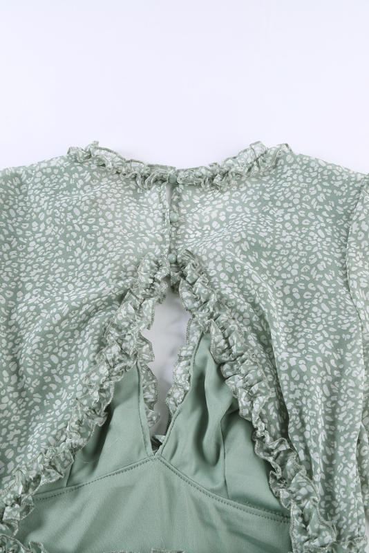 Green Ruffle Detailing Open Back Floral Dress LC220829-9