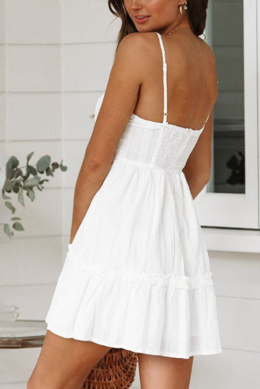 White Contrast Lace High Waist Spaghetti Strap V Neck Mini Dress LC619644-1