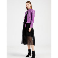 Purple PU Stand Collar Short Leather Jacket TQK280124-8