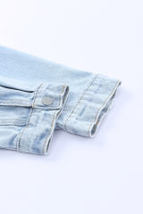 Sky Blue Plaid Patchwork Fringed Flap Pockets Denim Jacket LC854131-4