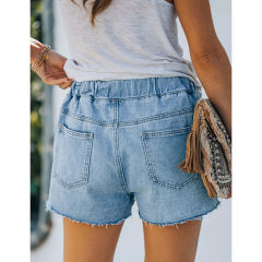 Blue Ripped Elastic Waist Denim Shorts TQK530090-5