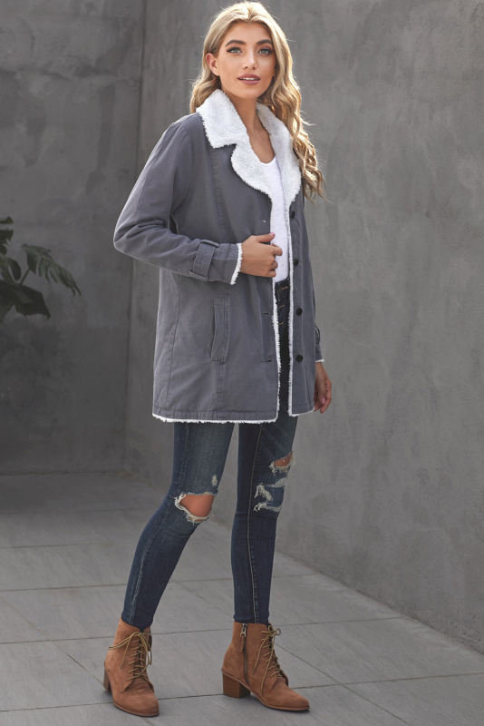 Gray Lapel Collar Button Fleece Jacket LC8511336-11