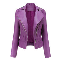 Purple Rivet Decoration Turndown Collar PU Leather Jacket TQK280137-8