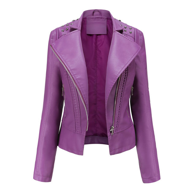 Purple Rivet Decoration Turndown Collar PU Leather Jacket TQK280137-8