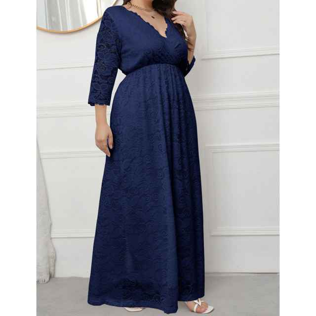 Navy Blue V-Neck Lace Plus Size Dress TQK310997-34