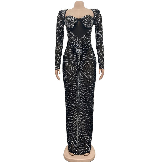 Black Padded Rhinestone Mesh Long Sleeve Maxi Dress TQK311267-2