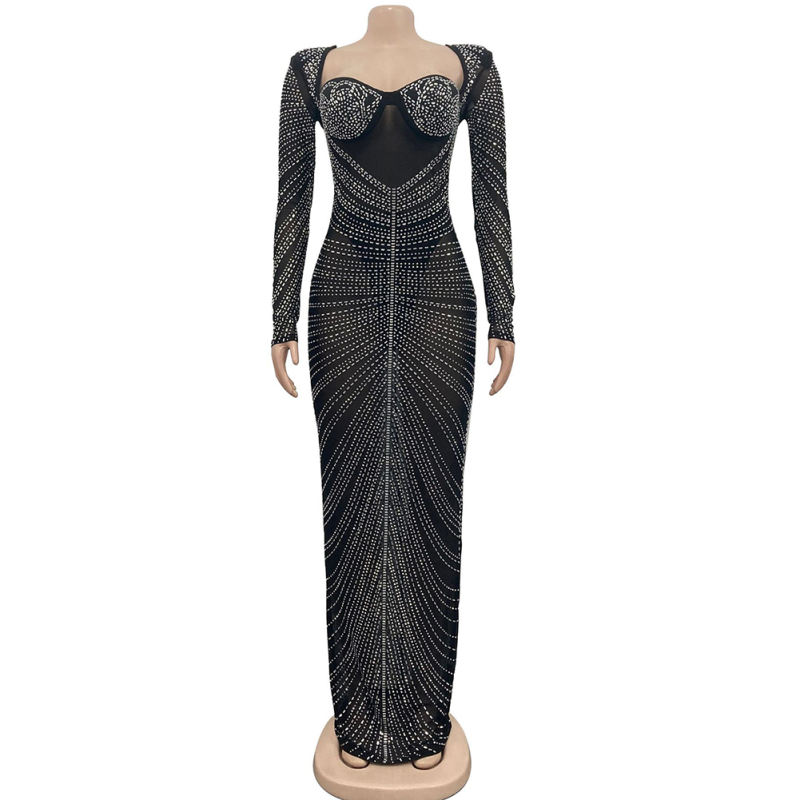 Black Padded Rhinestone Mesh Long Sleeve Maxi Dress TQK311267-2