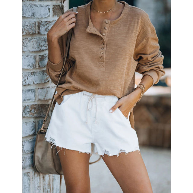White Ripped Elastic Waist Denim Shorts TQK530090-1