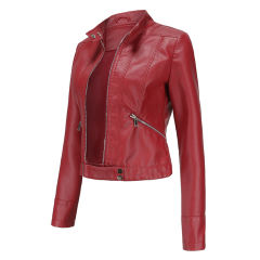 Wine Red PU Stand Collar Short Leather Jacket TQK280124-23
