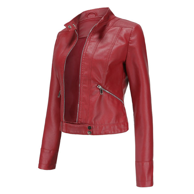 Wine Red PU Stand Collar Short Leather Jacket TQK280124-23