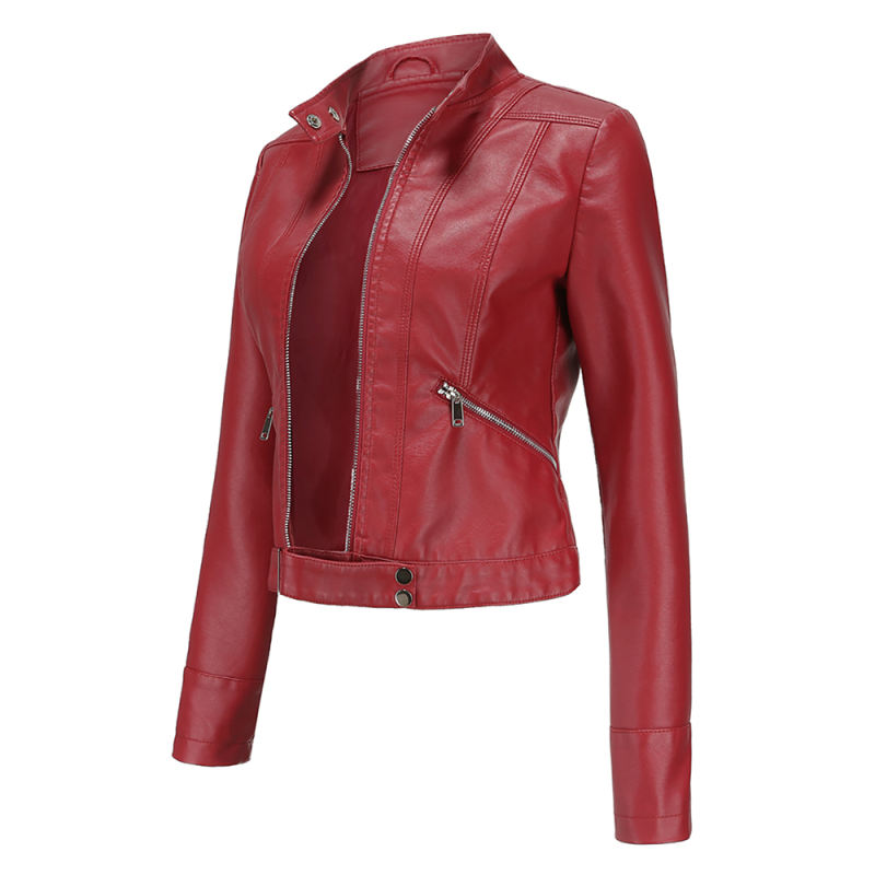 Wine Red PU Stand Collar Short Leather Jacket TQK280124-23