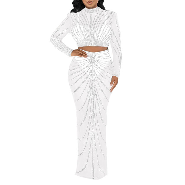 White Rhinestones Long Sleeve Crop with Maxi Skirt Set TQV810029-1