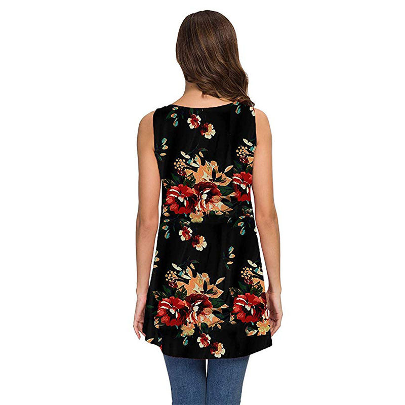 Black Floral Print Sleeveless Tunic Tank Top